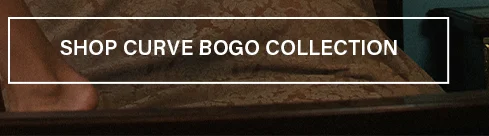 Relaxed legs under a decorative tan, lace-like fabric. Text overlay "SHOP CURVE BOGO COLLECTION" highlights the BOGO fashion sale. Explore plus-size deals.