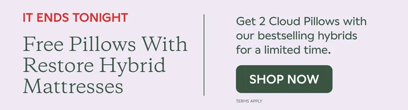 IT ENDS TONIGHT. FREE PILLOWS WITH RESTORE HYBRID MATTRESSES. Get 2 Cloud Pillows with our bestselling hybrids for a limited time. SHOP NOW