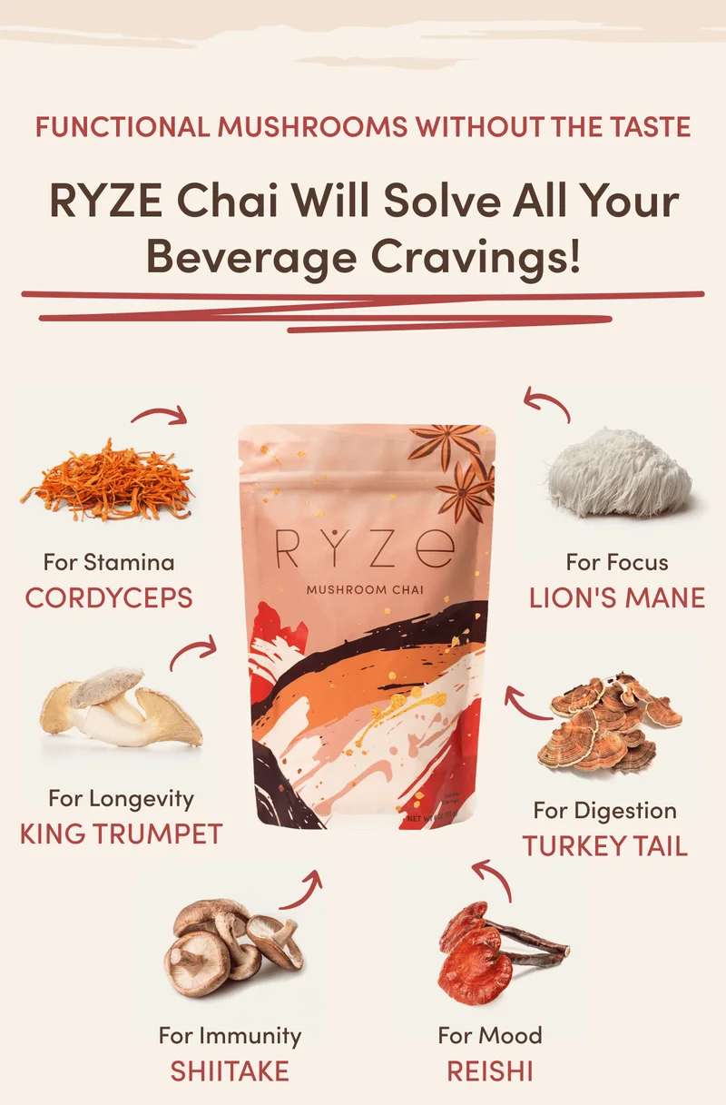 Functional Mushrooms without the taste RYZE Chai will solve all your beverage cravings!  for stamina for focus Cordyceps Lion's Mane for longevity for Digestion King Trumpet Turkey Tail for immunity for mood Shiitake REISHI