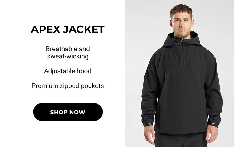 Featuring the breathable and sweat-wicking Apex Jacket with an adjustable hood and premium zipped pockets. Shop now.