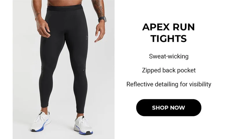 Featuring the Apex Run Tights made out of sweat-wicking material with zipped back pocket and reflective detailing for visibility. Shop now.