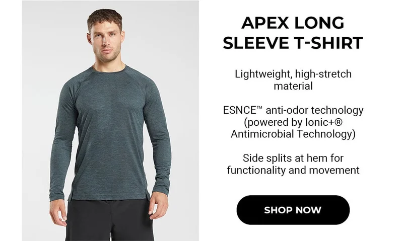 Featuring the Apex Long Sleeve T-shirt made out of lightweight, high-stretch material and  ESNCE™️ anti-odor technology (powered by Ionic+® Antimicrobial Technology). Includes side splits at hem for  functionality and movement. Shop now.