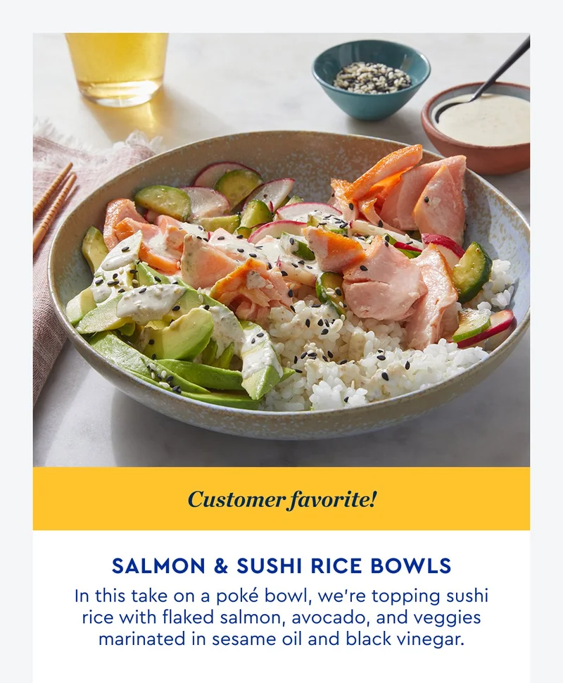 Customer Favorite | Salmon and Rice Sushi Bowls - In this take on a poke bowl, we're topping sushi rice with flaked salmon, avocado, and veggies marinated in sesame oil and black vinegar.