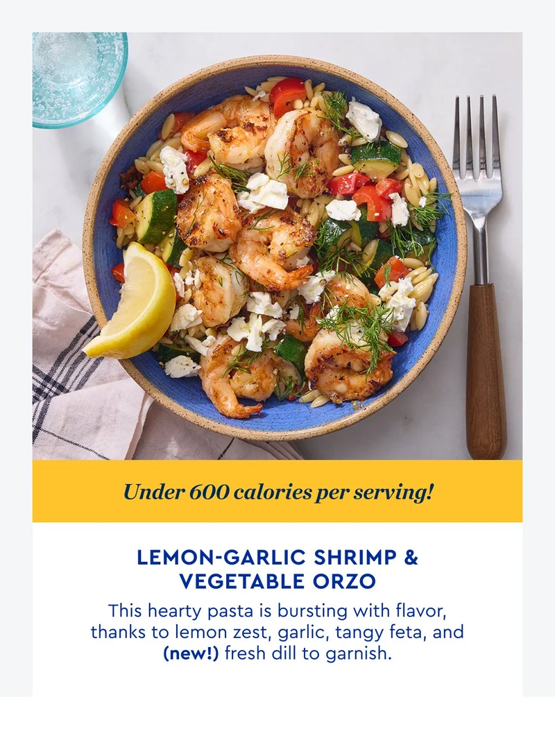 Under 600 calories per serving! | Lemon Garlic Shrimp and Vegetable Orzo - This hearty pasta is bursting with flavor, thanks to lemon zest, tangy feta, garlic, and new fresh dill to garnish.