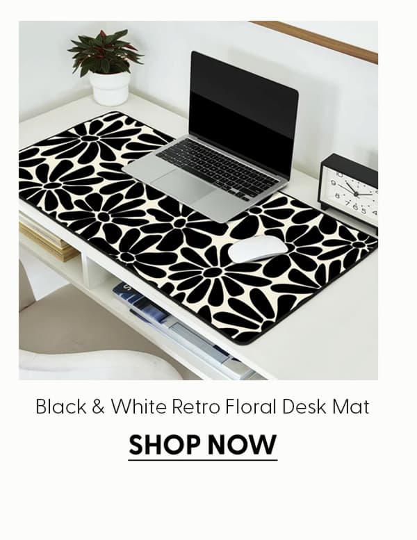 Black and White Retro Floral Art Print Desk Mat
