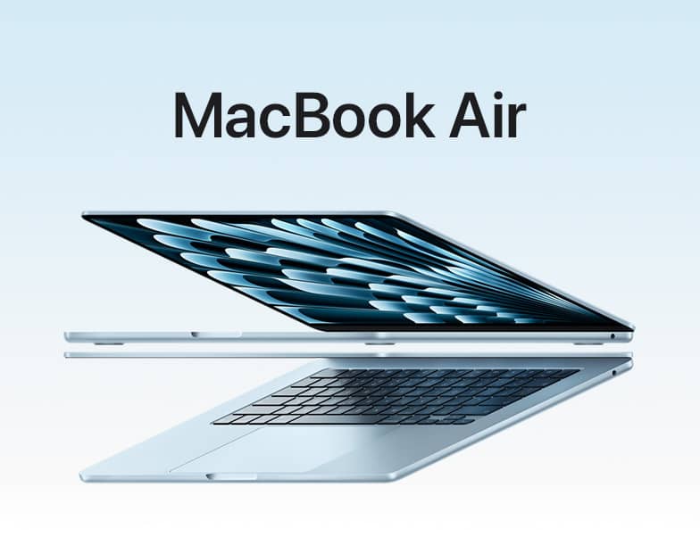 Two open MacBook Air laptops in sky blue color forming arrow shape, emphasizing narrow profile