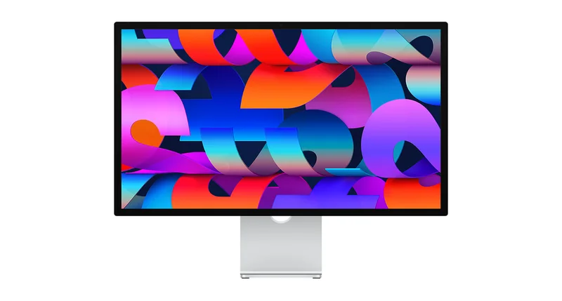 Front of Studio Display with colorful ribbon-like wallpaper