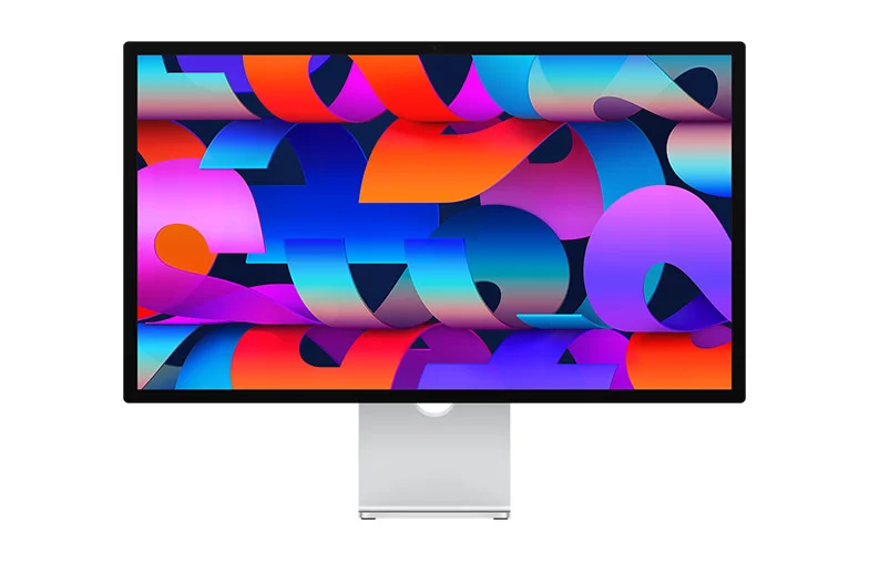 Front of Studio Display with colorful ribbon-like wallpaper