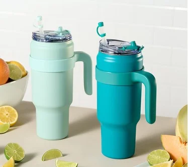 Primula Set of (2) 40-oz Tumblers w/ Handles and Straw Covers
