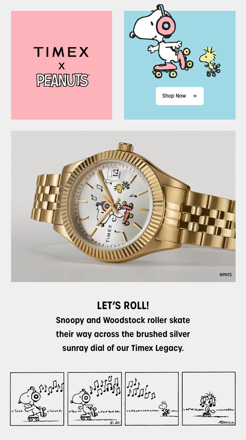 TIMEX x PEANUTS | Shop Now | LET'S ROLL | Snoopy and Woodstock roller skate their way across the brushed silver sunray dial of our Timex Legacy.