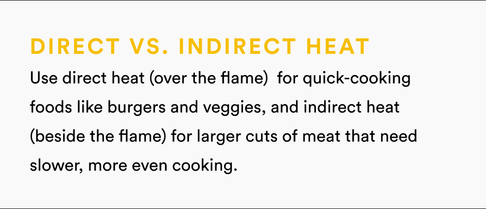 Direct vs. Indirect Heat Use direct heat (over the flame)  for quick-cooking foods like burgers and veggies, and indirect heat (beside the flame) for larger cuts of meat that need slower, more even cooking.