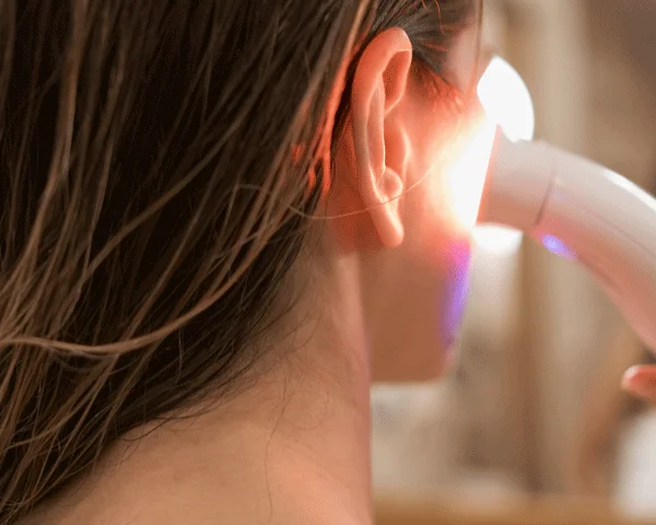 Woman holding Trinity with Wrinkle Reducer attachment on cheek