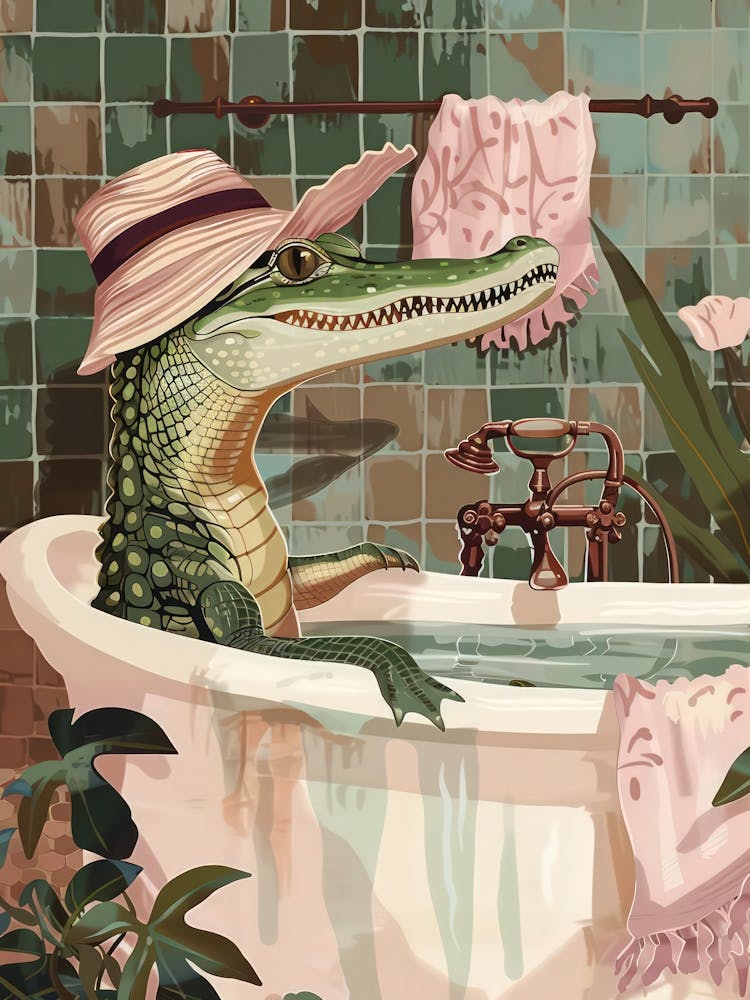 Image of Gator In Bathtub Bathroom Print Tropical Jungle Home Decor Funny