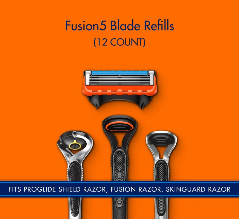 Fusion5 Blade Refills (12 Count) - Fits Gillette ProGlide Shield razor, Fusion razor, SkinGuard razor