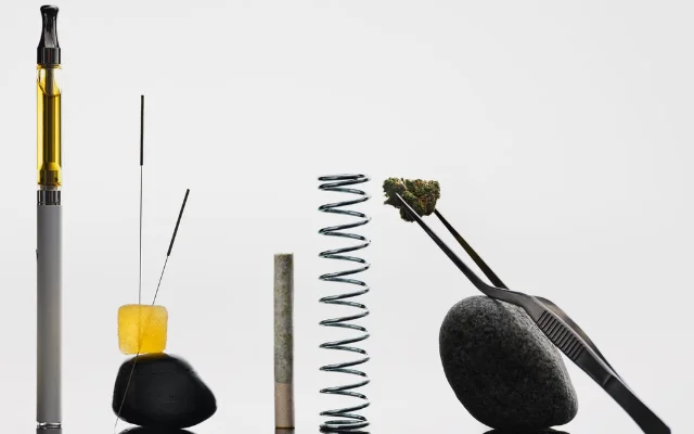 A cartridge of vape oil, gummy candy, a pre-rolled joint, and the buds the industry calls 'flower.