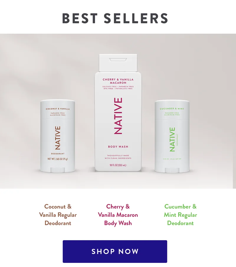 Best Sellers | Coconut & Vanilla Regular Deodorant | Cherry & Vanilla Macaron Body Wash | Cucumber & Mint Regular Deodorant | SHOP NOW