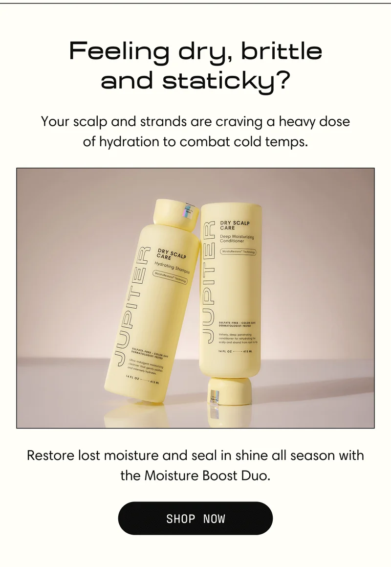Feeling dry, brittle and staticky? | Your scalp and strands are craving a heavy dose of hydration to combat cold temps. | Restore lost moisture and seal in shine all season with the Moisture Boost Duo. | Shop Now