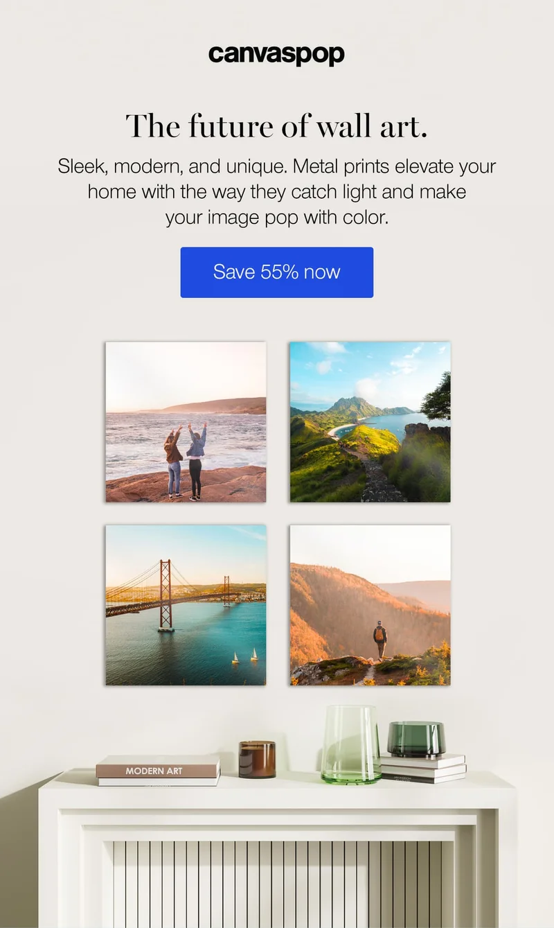 The future of wall art. Sleek, modern, and unique. Metal prints elevate your home with the way they catch light and make your image pop with color.