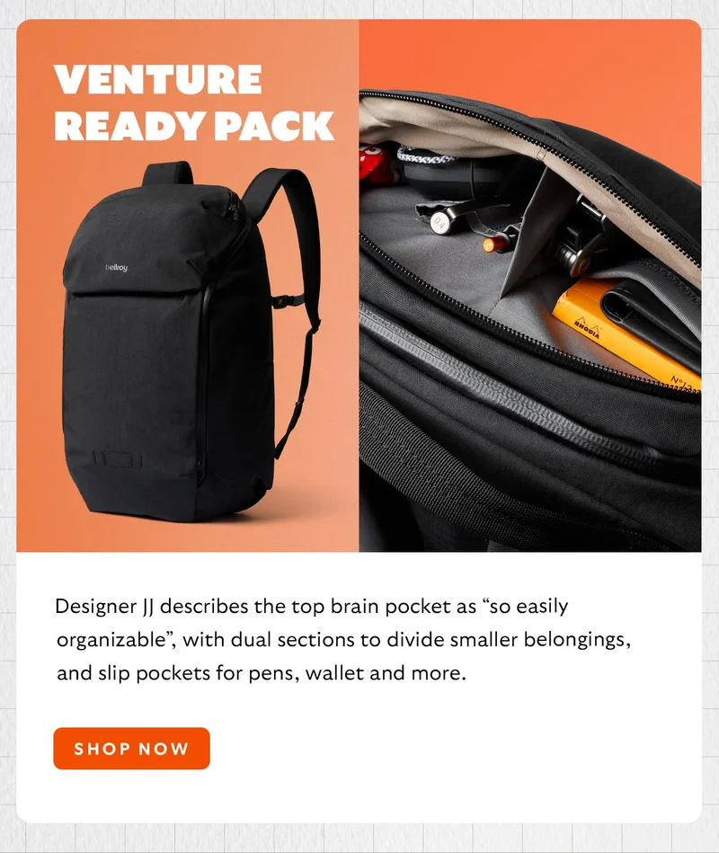 Venture Ready Pack Designer JJ describes the top brain pocket as “so easily organizable”, with dual sections to divide smaller belongings, and slip pockets for pens, wallet and more.