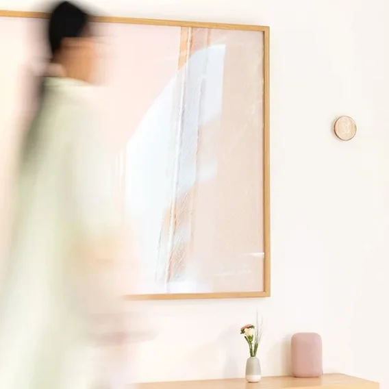 A blurry image of a person walking down a hallway in front of a pink-hued abstract painting. The person is blurry indicating they are in motion. The only part of the image that is clear is a Nest Thermostat on the wall near the painting; it has a rose gold shade to it, complimenting the slightly pink wall.