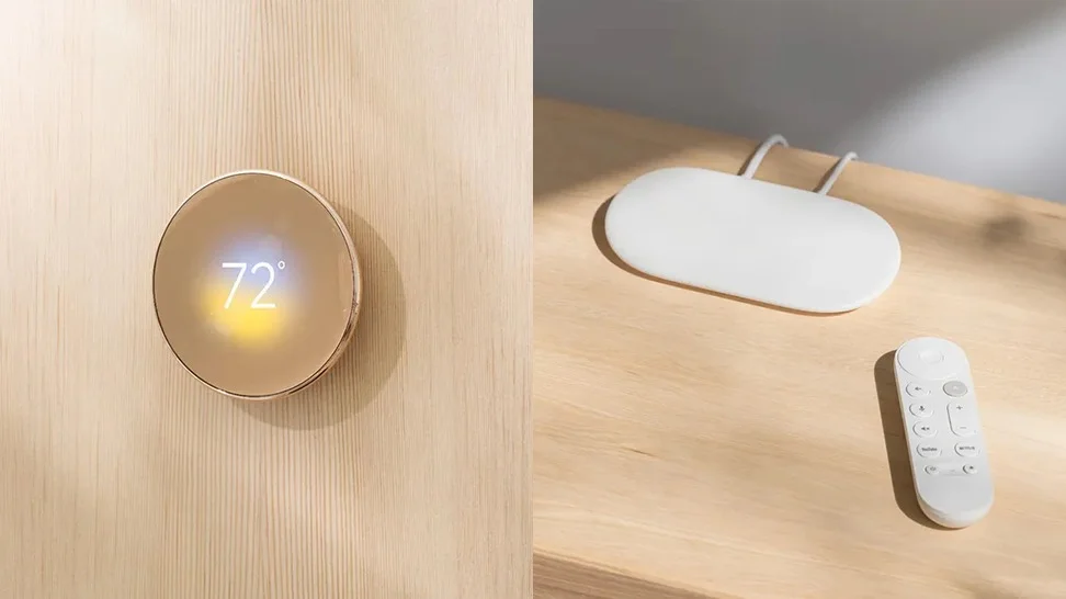 A photo of a circular gold Nest Thermostat against a light wooden wall; a temperature lit up reads 72 degrees. A photo next to it shows a pill-shaped white oval on a desk, next to a pill-shaped, smaller remote.