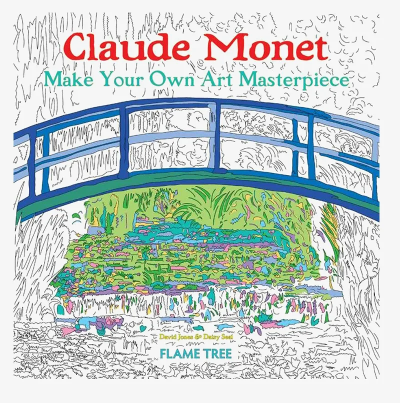 A coloring book cover with a partially colored Monet painting of a bridge; the title reads "Claude Monet: Make Your Own Art Masterpiece"