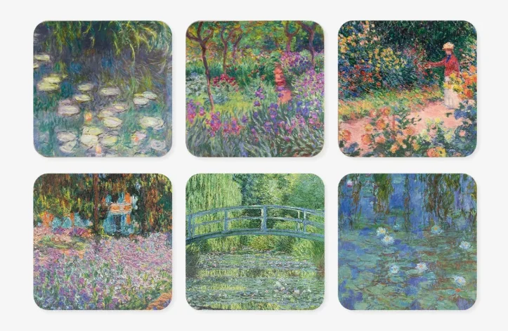 Six coasters printed with Monet paintings of water lilies