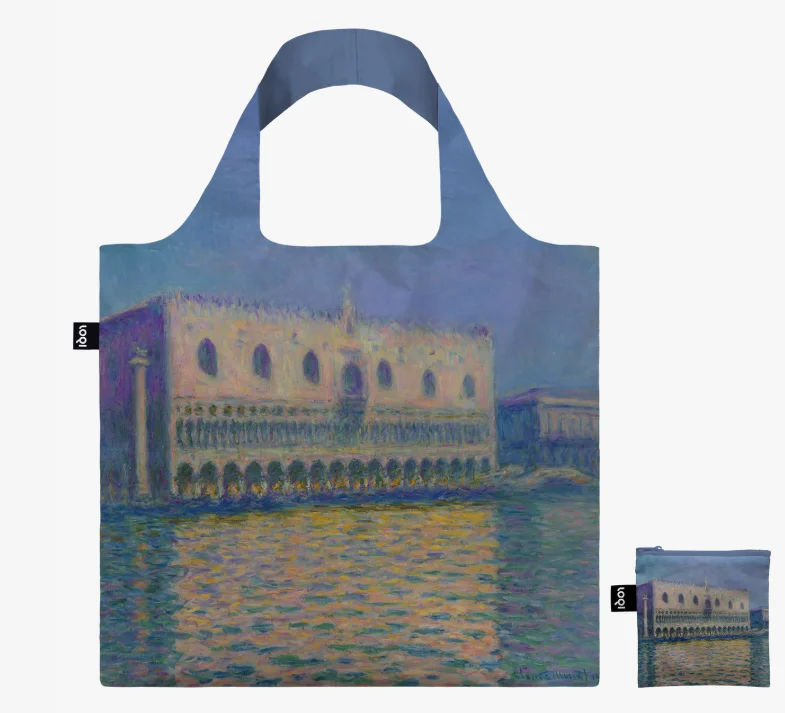 A tote printed with a Monet painting of a building and water