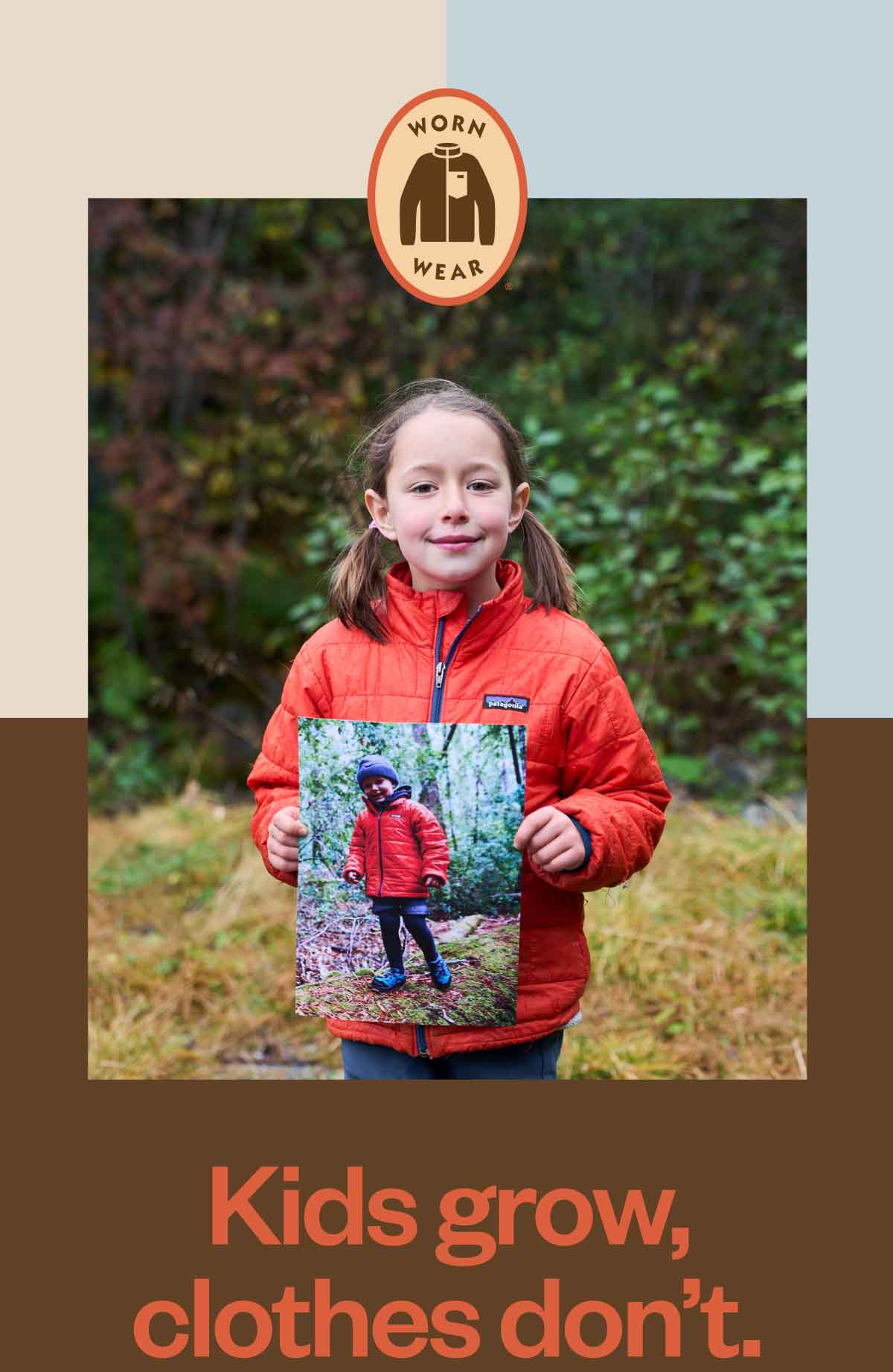 A young girl in a red jacket holds a photograph of herself as a child in the same jacket.