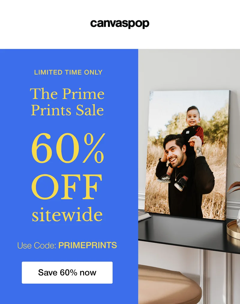 Limited time only. The Prime Prints Sale 60% off sitewide. Use code discount code