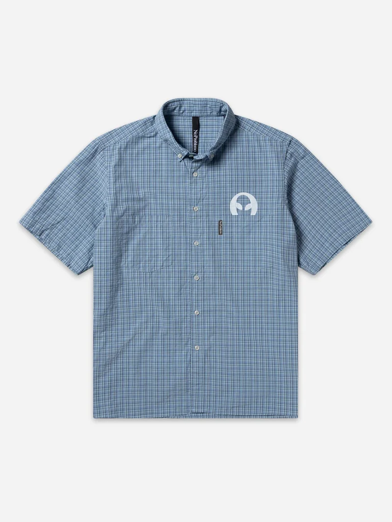 Image of No Problemo Alien-O Print Short Sleeve Check Shirt - Blue