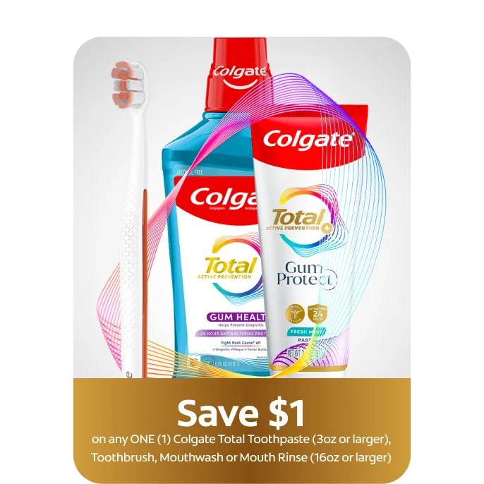 The Colgate Total product line displayed with a toothbrush, mouthwash, and toothpaste, accented by a bold rainbow graphic sweeping across the products. A “Save $1” callout appears below on a gold background.