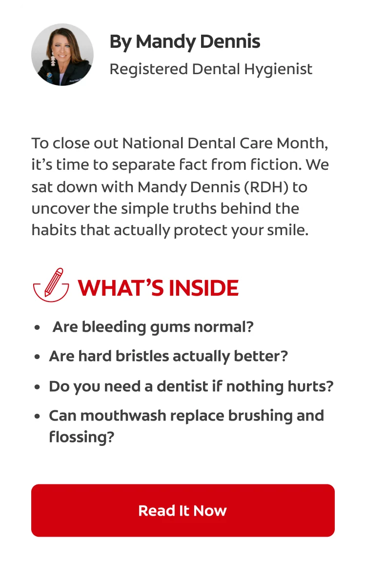 A profile picture of Registered Dental Hygienist Mary Dennis shown above the text. Underneath that is a pencil graphic and text that reads 'What’s Inside', followed by some dental questions that will be answered in the article.