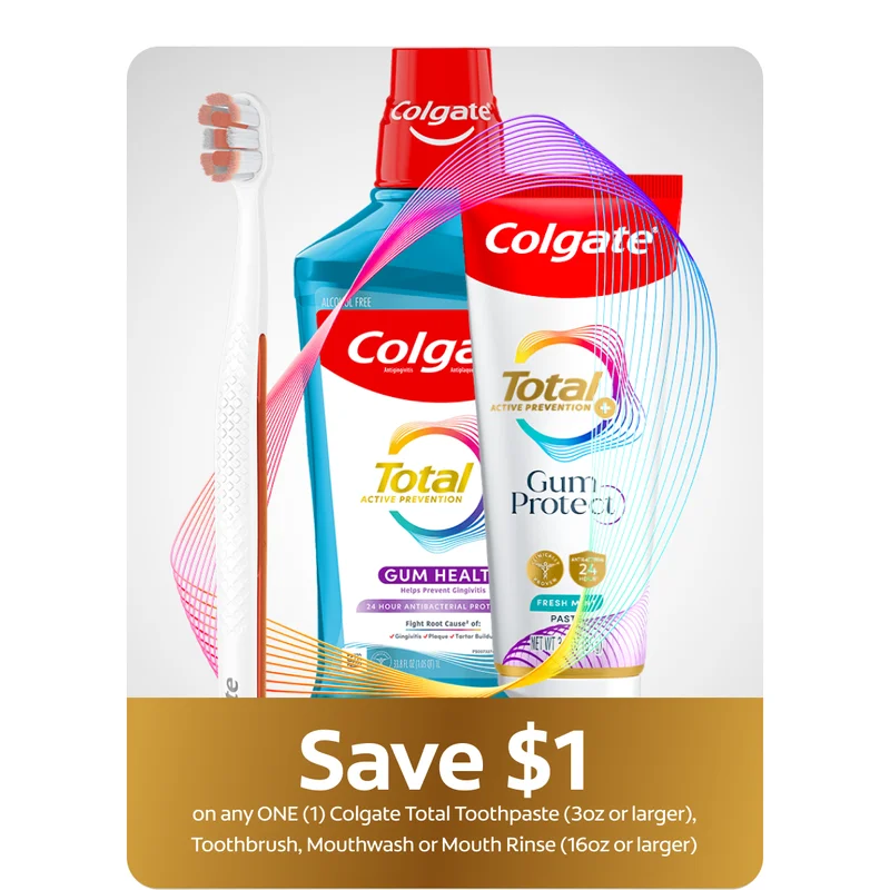 The Colgate Total product line displayed with a toothbrush, mouthwash, and toothpaste, accented by a bold rainbow graphic sweeping across the products. A “Save $1” callout appears below on a gold background.