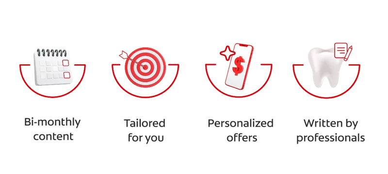 Four icons shown next to each other: a calendar next to bi-monthly content text, a bullseye next to tailored for you text, a phone with a dollar sign on the screen next to personalized offers text, and a tooth with a paper and pencil illustration next to written by professionals text.