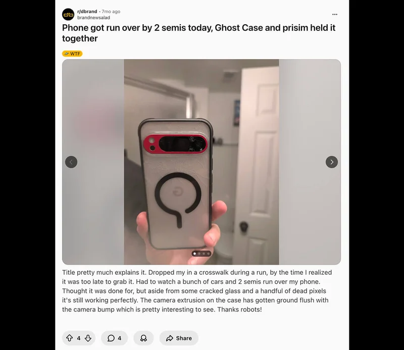 u/brandneewsalad on Reddit: "Phone got run over by 2 semis today, Ghost Case and Prism held it together"