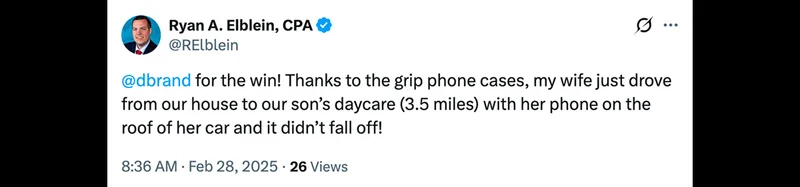 @RElblein on Twitter: "My wife just drove from our house to our son's daycare with her phone on the roof of her car and it didn't fall off!"