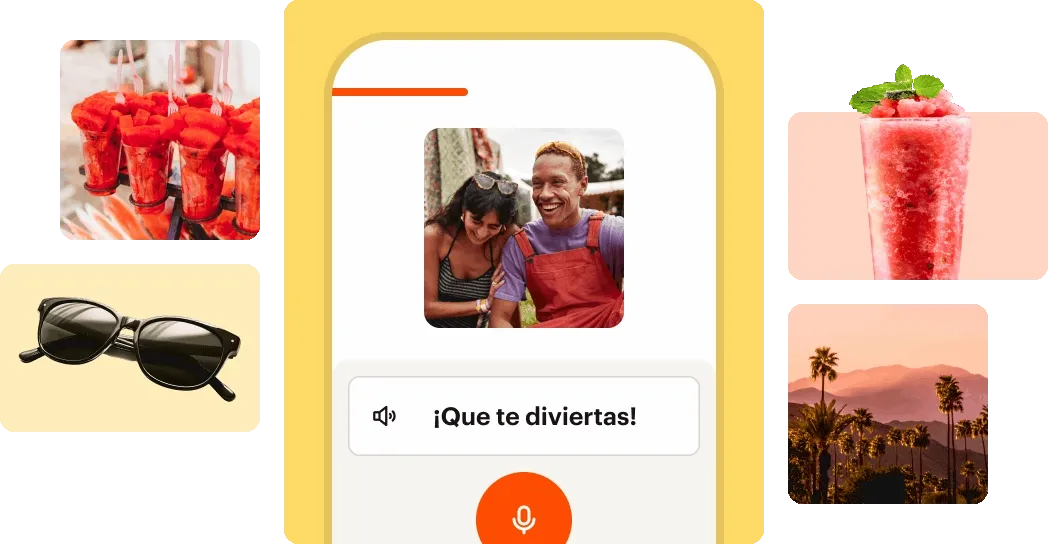 A picture of the Babbel app showcasing different sayings while surrounded by summer photos.
