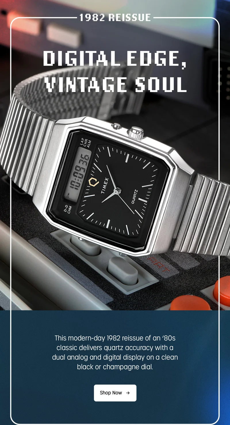 1982 REISSUE | DIGITAL EDGE, VINTAGE SOUL | This modern-day 1982 resissue of an '80s classic delivers quartz accuracy with a dual analog and digital display on a clean black or champagne dial | Shop Now
