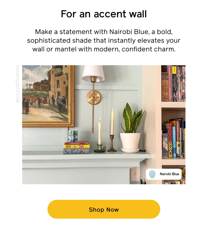 For an accent wall. Make a statement with Nairobi Blue, a bold, sophisticated shade that instantly elevates your wall or mantel with modern, confident charm. Shop Now