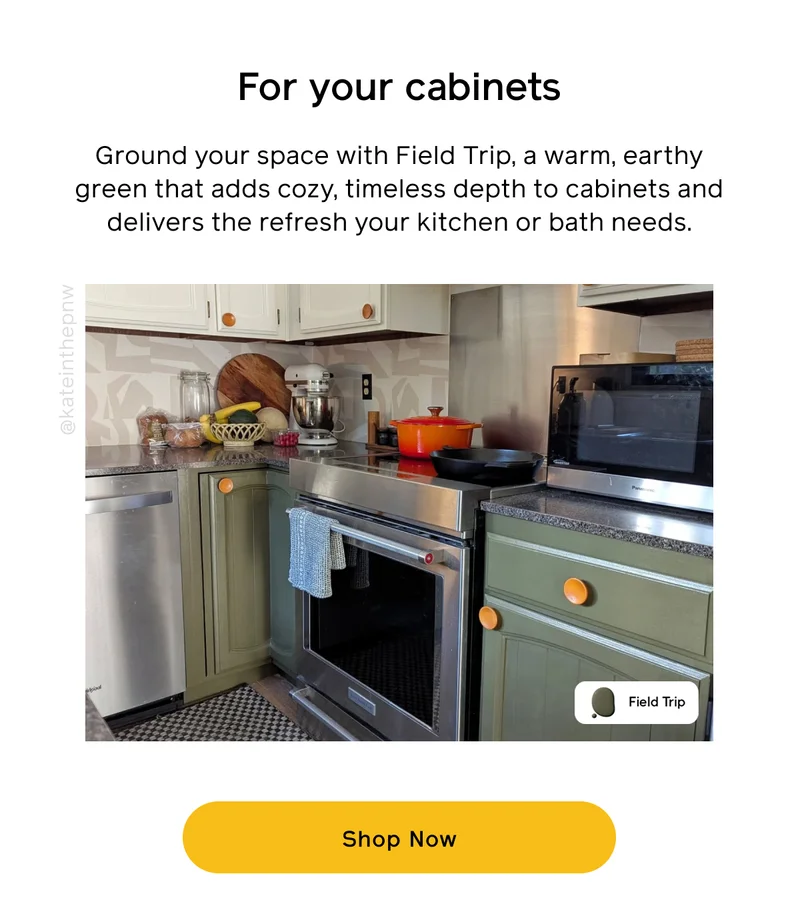 For your cabinets. Ground your space with Field Trip, warm, earthy green that adds cozy, timeless depth to cabinets and delivers the refresh your kitchen or bath needs. Shop Now