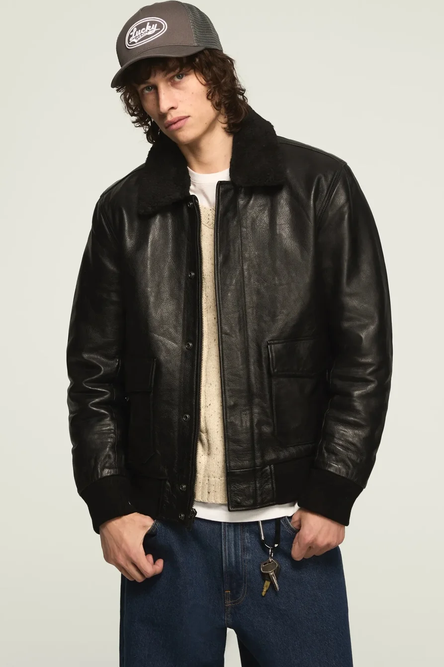 Image of Lucky Brand Leather Flight Jacket - Men's Clothing Outerwear Jackets Coats in #001 Black