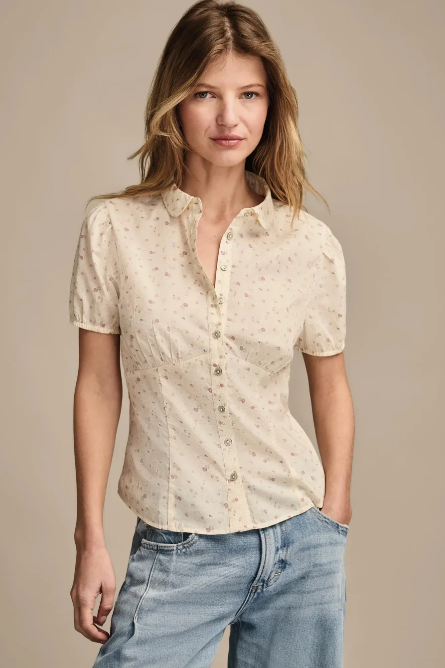 Image of Lucky Brand Puff Sleeve Buttondown Shirt - Women's Clothing Button Down Tops Shirts in Cream Floral