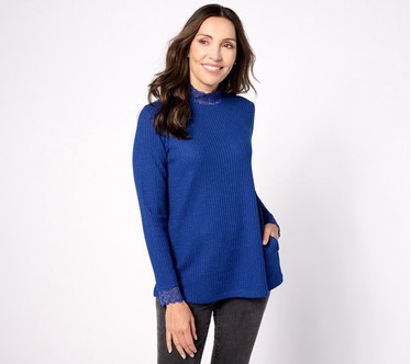 LOGO by Lori Goldstein Metallic Waffle Knit Mock Neck Top w/ Lace