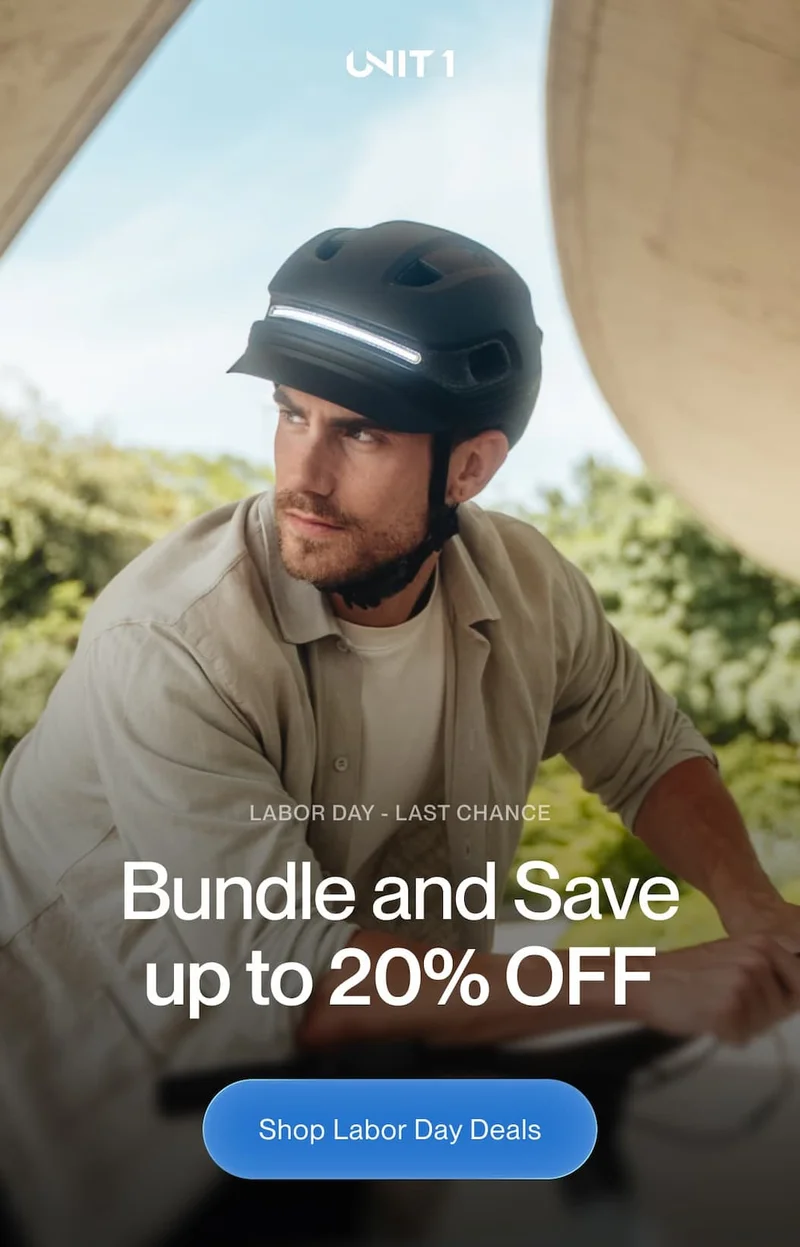 Man wearing UNIT 1 smart helmet with integrated lights. Headline: Bundle and Save up to 20% OFF