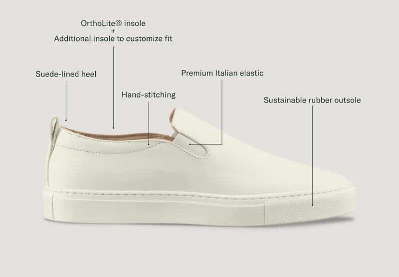 OrthoLite® insole + Additional insole to customize fit. Suede-lined heel. Hand-stitching. Premium Italian elastic. Sustainable rubber outsole.