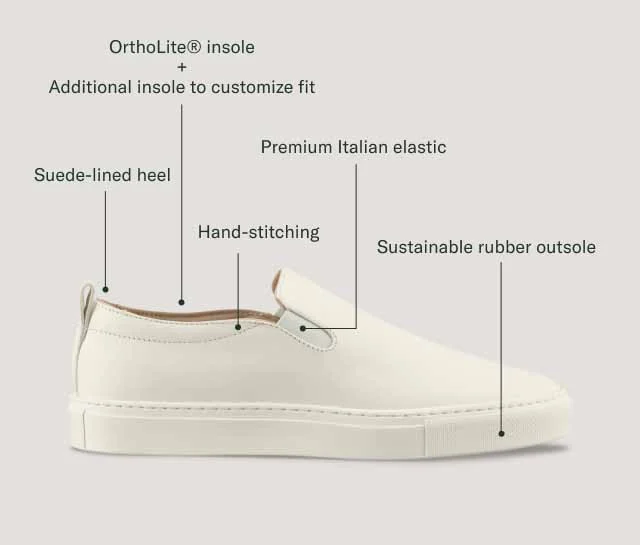 OrthoLite® insole + Additional insole to customize fit. Suede-lined heel. Hand-stitching. Premium Italian elastic. Sustainable rubber outsole.