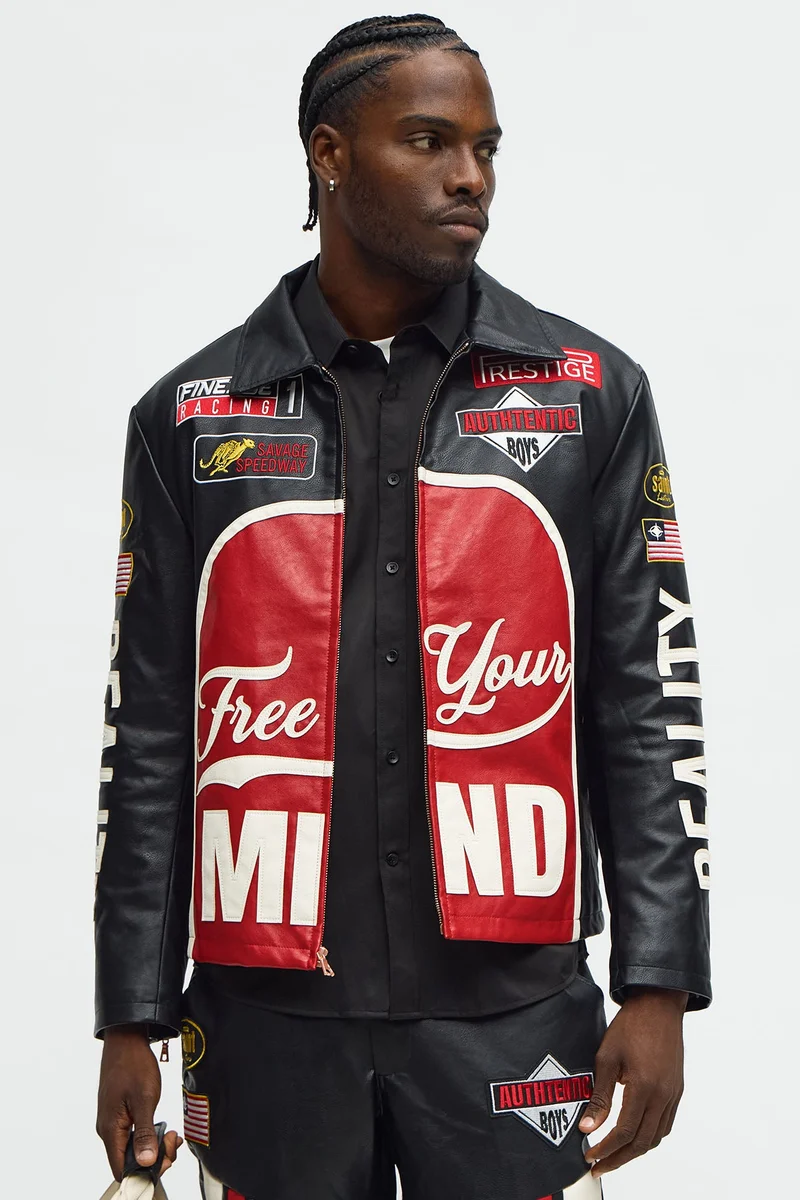 Image of Free Your Mind Faux Leather Racing Jacket - Black/combo
