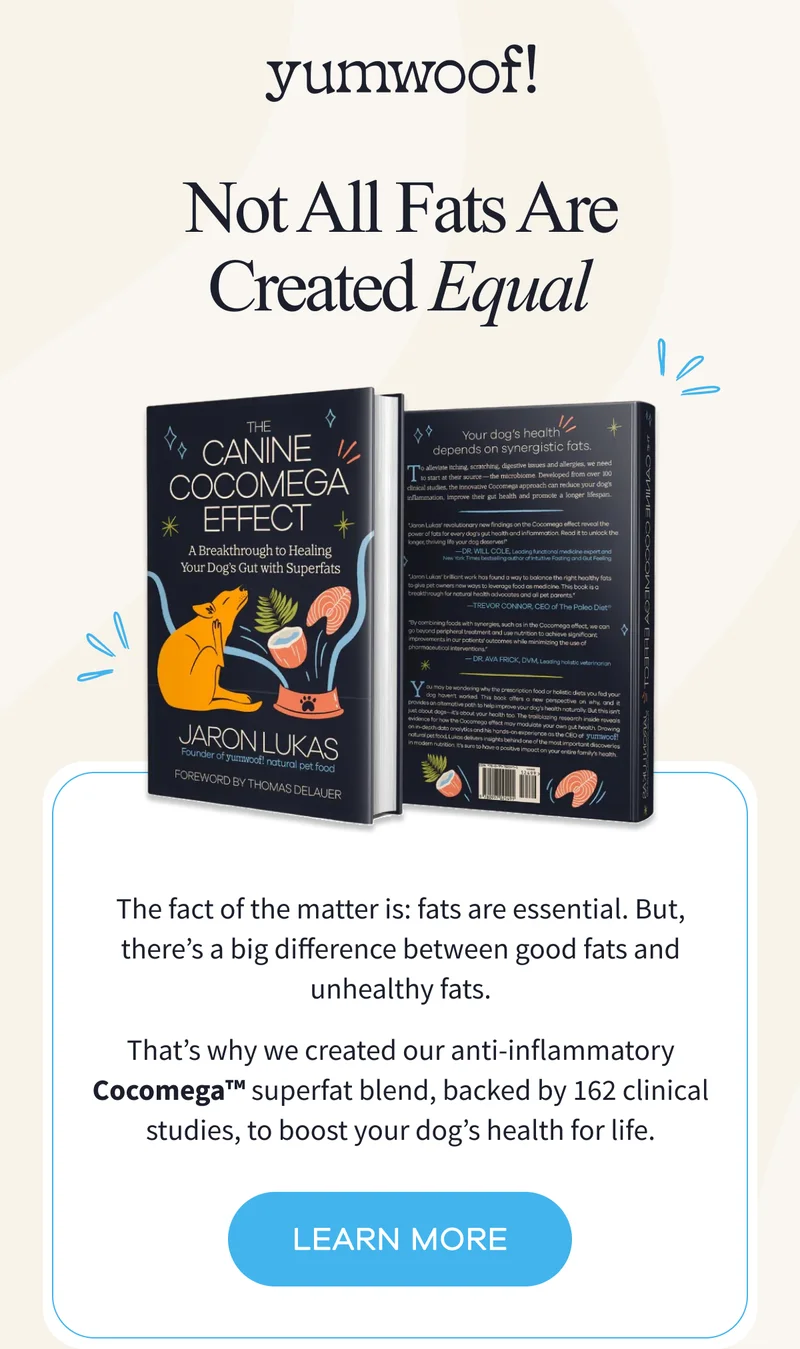 Yumwoof! | Not All Fats Are Created Equal | The fact of the matter is: fats are essential. But, there’s a big difference between good fats and unhealthy fats. That’s why we created our anti-inflammatory Cocomega™ superfat blend, backed by 162 clinical studies, to boost your dog’s health for life. | LEARN MORE