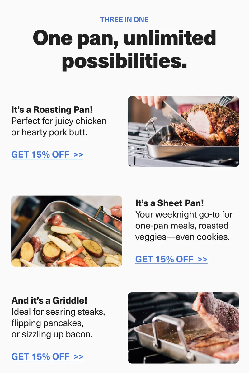 Three in one. One pan, unlimited possibilities. It's a Roasting Pan! It's a Sheet Pan! And it's a Griddle!